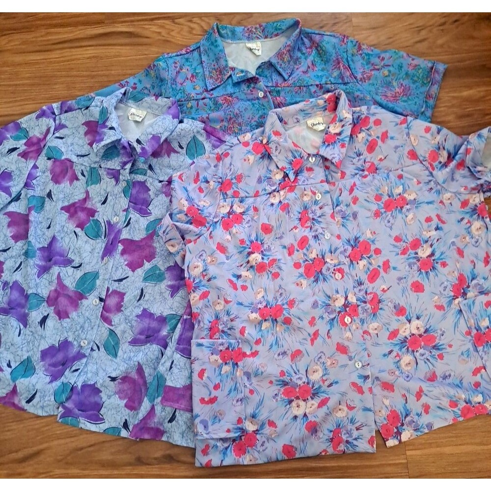 Vintage NEW Womens Top Lot of 3 Floral Polyester Pockets Shirley Buttons 3X NWT
